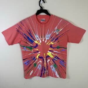 Vintage 80s pink Hanes Paint Splatter T-shirt Size L USA Made Multicolor